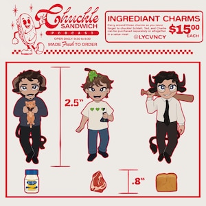 Könnte beinhalten: Ein Set aus vier Cartoon-Charakter-Emaille-Pins, jeder 6,35 cm hoch. Die Charaktere sind eine Katze, ein Frosch, ein Dämon und ein Mann mit einem Baseballschläger. Die Pins sind für 15,00 $ pro Stück erhältlich.