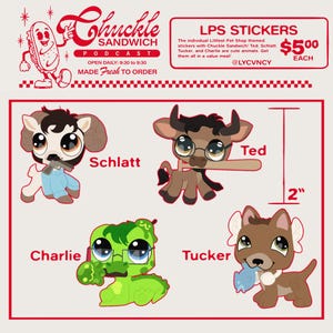 Könnte beinhalten: Vier 5 cm große Littlest Pet Shop-Sticker mit den Motiven eines braunen und weißen Widders mit einem blauen Hemd, eines braunen Stiers mit Brille, eines grünen Leguan mit Brille und eines braunen Hundes mit Flügeln, der einen blauen Fisch hält. Die Sticker sind für 5 € pro Stück erhältlich.