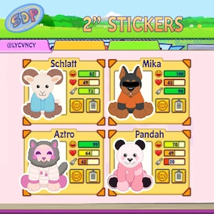 Könnte beinhalten: Vier 5 cm große Aufkleber mit Comic-Tierfiguren. Die Figuren sind ein weißer Widder mit blauer Kleidung, ein schwarz-brauner Hund mit orangefarbener Kleidung, ein grauer Wolf mit rosa-weißer Kleidung und ein rosa Panda. Jeder Aufkleber hat einen Namen und eine Punktekarte mit Zahlen.