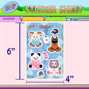 Könnte beinhalten: Eine Sticker-Tafel mit blauem Hintergrund, auf der verschiedene Comic-Tiere abgebildet sind. Die Tafel enthält eine Ziege, einen Panda, einen Hund und eine Katze. Die Tafel ist 15,24 cm hoch und 10,16 cm breit. Die Tafel ist mit "SDP Stickers" beschriftet und hat eine Altersfreigabe ab 3 Jahren.