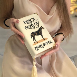 Embroidered custom Book Clutch - BLACK BEAUTY - Beige velvet version