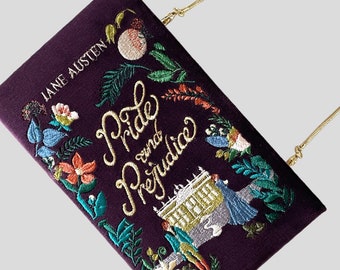 Book clutch purse Pride and Prejudice, embroidered novelty handbag purple velvet