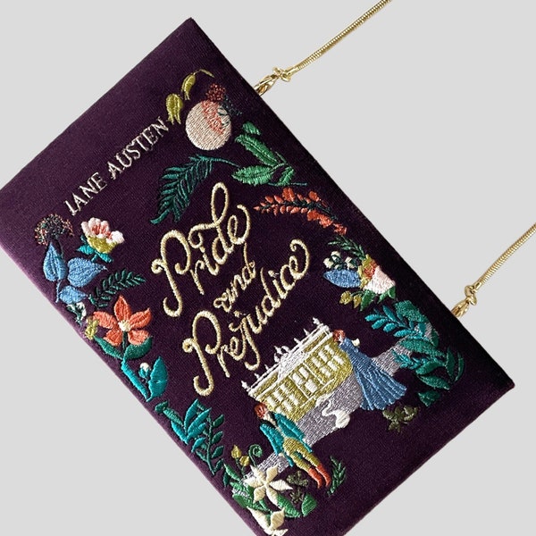 Book clutch purse Pride and Prejudice, embroidered novelty handbag purple velvet