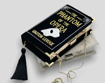 Embroidered book clutch, novelty bag, crossbody, shoulder purse black velvet Phantom of the Opera