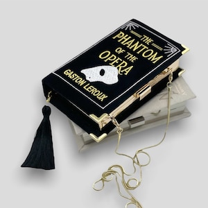Bolsa clutch bordada, bolsa novidade, bolsa transversal, bolsa de ombro em veludo preto O Fantasma da Ópera