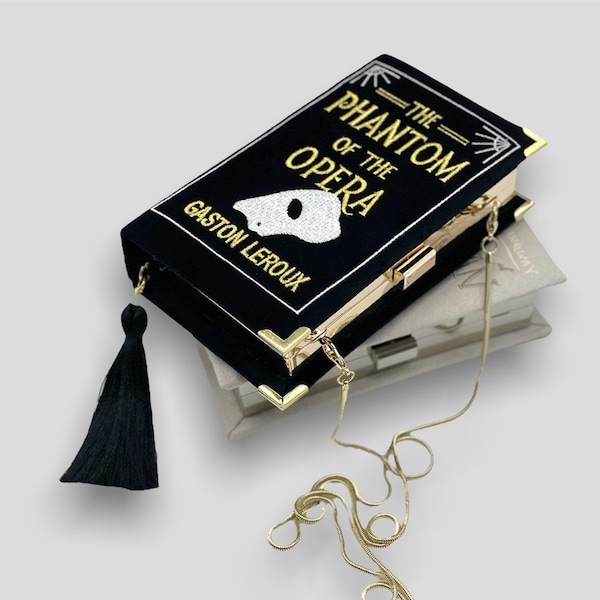 Embroidered book clutch, novelty bag, crossbody, shoulder purse black velvet Phantom of the Opera