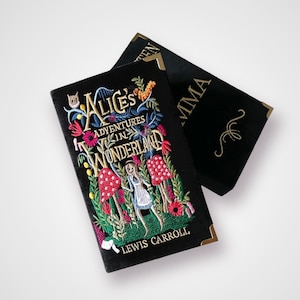 Clutch de livro bordada, bolsa de novidades Alice's Adventures in Wonderland, crossbody, bolsa de ombro veludo preto