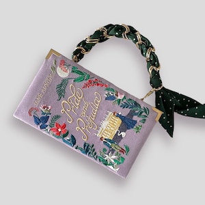 Embroidered Book Clutch Purse Pride and Prejudice lilac purple very peri, Book Lover Gift, Book Bag, Novelty Gift, Book Handbag