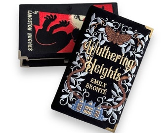 Embroidered book clutch, novelty bag Emily Bronte black gold velvet shoulder purse