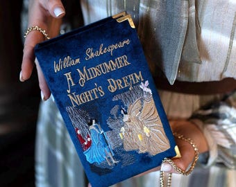 Book clutch purse, embroidered novelty bag, William Shakespeare, baby blue shoulder literary wallet
