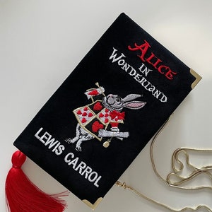 Bolsa clutch estilo livro Alice no País das Maravilhas, bolsa bordada de conto de fadas, transversal, bolsa de ombro preta com carteira de couro