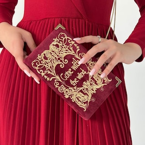 Bolsa de livros bordada, bolsa clutch, estilo E o Vento Levou, veludo bordô