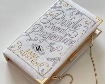 Buch Clutch Geldbörse Stolz und Vorurteil, gestickte Neuheit Tasche, Crossbody, weiße literarische Brieftasche mit Schulter
