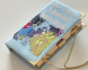Book clutch purse, embroidered novelty bag, crossbody, blue shoulder literary wallet