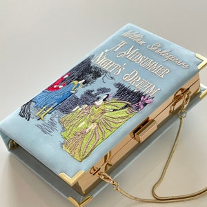 Book clutch purse, embroidered novelty bag, William Shakespeare, baby blue shoulder literary wallet