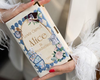 Alice in Wonderland ivory blue evening purse, embroidered book bag clutch