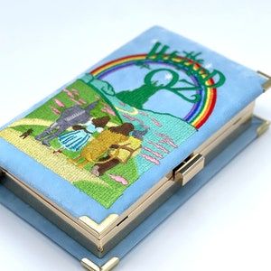 Bolsa clutch bordada para livros - Presente para amantes de livros azuis do Mágico de Oz - linda bolsa pequena de linho, veludo e lona