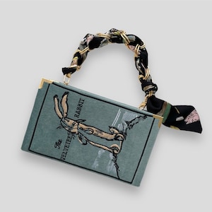 Book clutch purse, embroidered novelty bag Velveteen Rabbit, green purse