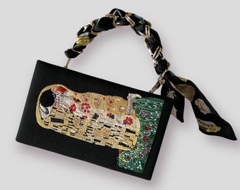 Geborduurde boekkoppeling Gustav Klimt, zwarte canvas nieuwigheidstas, crossbody, schoudertas