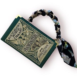 Cartera de mano con forma de libro, bolso de noche novedoso con bordado dorado en color verde Frankenstein
