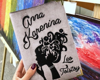 Embroidered Book clutch tote - Anna Karenina -  Purple