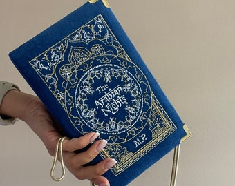 Embroidered book clutch Arabian Nights, novelty bag, crossbody, shoulder purse blue velvet