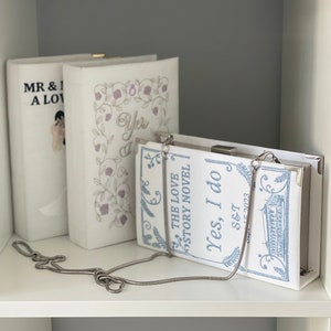Book clutch purse wedding, custom designed embroidered book bag , blue purse linen, canvas, velvet