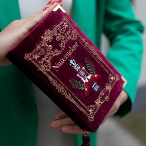Casse-Noisette, pochette cartable brodée, sac à main en velours rouge doré