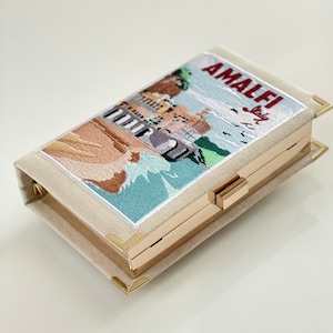 Bolso de mano tipo libro, bolso bordado de Amalfi, Italia