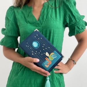 Embroidered book clutch, novelty bag Prince with stars, crossbody, navy blue, green shoulder purse