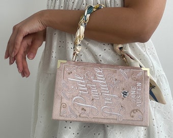 Embroidered book clutch, novelty bag, crossbody, Pride and Prejudice blush pink shoulder purse