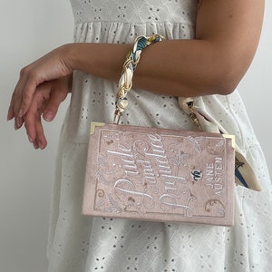 Embroidered book clutch, novelty bag, crossbody, Pride and Prejudice blush pink shoulder purse