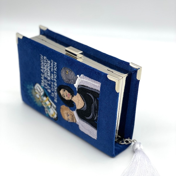 Embroidered book clutch purse handbag for sister, woman - blue velvet book lover gift - cute small wooden pouch