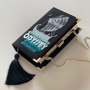 Bolsa clutch para livros, bolsa novidade bordada, transversal, carteira literária preta de ombro