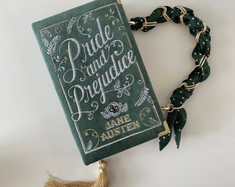 Book Bag Clutch Purse, Embroidered Jane Austen Green Handbag