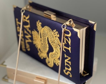 Embroidered book clutch, novelty bag with dragon purple  gold shoulder purse