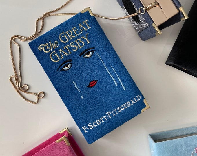 Embroidered book clutch, The Great Gatsby novelty bag, crossbody, shoulder purse blue velvet