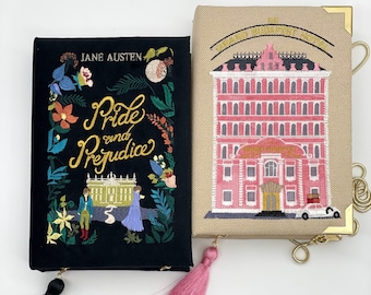 Embroidered book clutch purse handbag for woman for her -Pride and Prejudice book lover gift - cute small wooden pouch