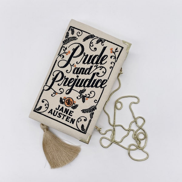 Embroidered Book Clutch Purse - Pride and Prejudice Jane Austen Beige Ivory Handbag