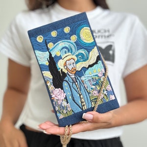 Cartera con forma de libro bordada de Van Gogh: regalo artístico único, azul marino