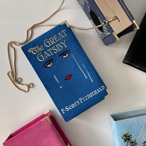 Embroidered book clutch, The Great Gatsby novelty bag, crossbody, shoulder purse blue velvet