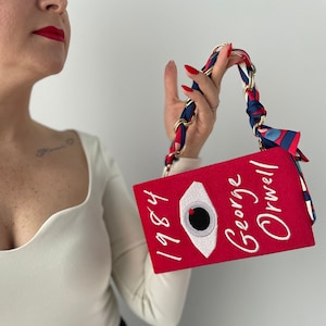 Book clutch purse, embroidered novelty handbag, red velvet