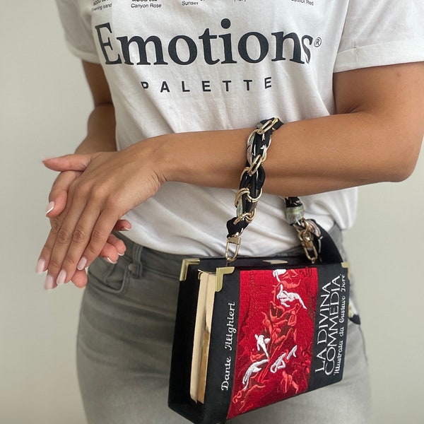 Book clutch purse, embroidered evening novelty bag black and red Dante Alighieri