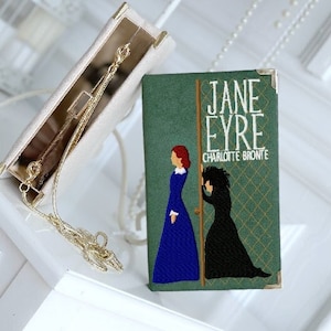 Clutch capa de livro, bolsa bordada com design personalizado, bolsa transversal verde Jane Eyre, bolsa personalizada para mulheres