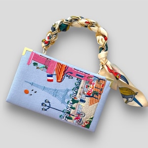 Pochette de livres Paris, cartable brodé, sac à main bleu lin, toile, velours