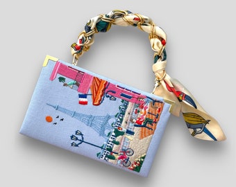 Book clutch purse Paris, embroidered book bag , blue purse linen, canvas, velvet