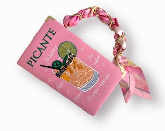 Book clutch purse Picante, Spicy Margarita embroidered evening novelty bag pink