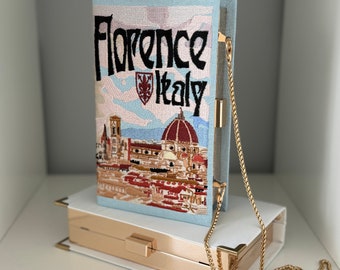 Custom book bag clutch, Florence Italy, blue evening purse