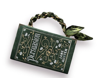 Embroidered book clutch, novelty bag Jane Austen green gold velvet shoulder purse