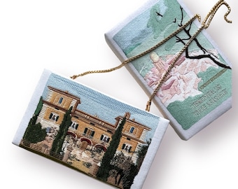 Pochette a libro, borsa da sposa con ricamo villa personalizzato